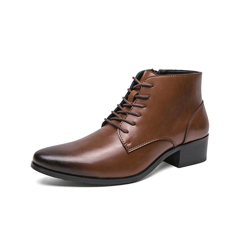 Men's Korean Style Mid-Calf High Heel Leather Boots - Pointed Toe Hairstylist Business Shoes