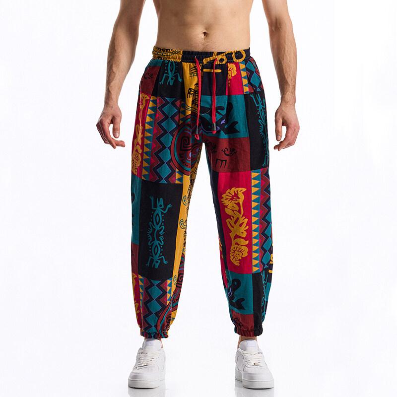 Pánské lněné kalhoty s boho kmenovým potiskem, bavlněné letní ležérní stahovací kalhoty pro venkovní sport, běžecké jogger tepláky