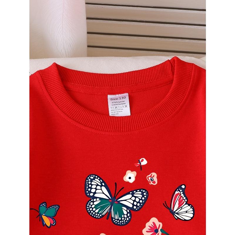 European sizes Girls Soft Crewneck Sweatshirt Colorful Butterfly & Floral Print Pattern, Casual All-Match, Ideal Holiday Present
