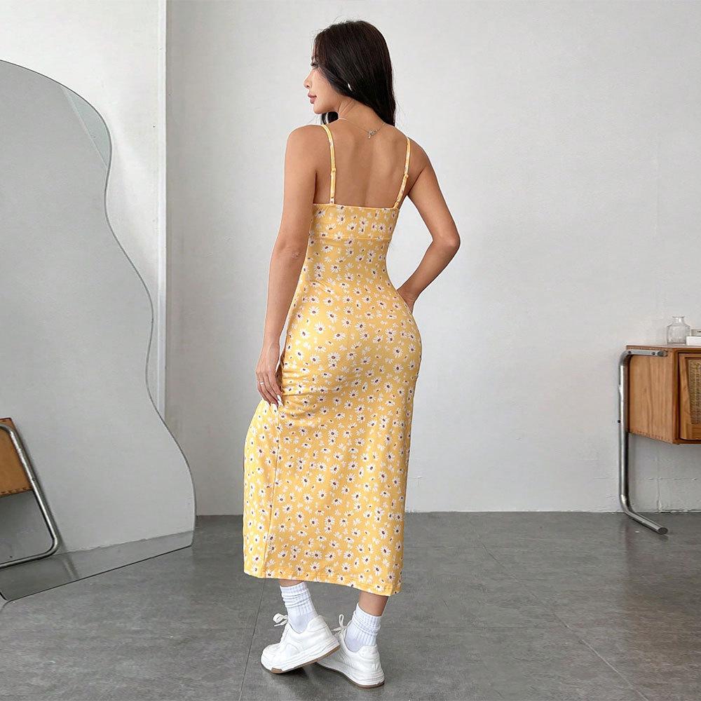 summer new Women's Side slit maxi Dress y2k Fashion Floral print Bodycon Dress sleeveless sweet A-line sexy yellow sling Dresses