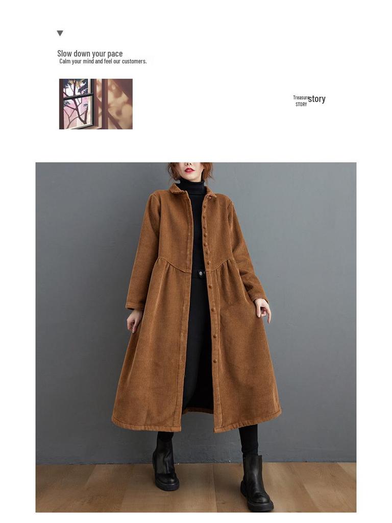 In Stock: Women's Korean Style Plus Velvet Corduroy Trench Coat - Thickened, Long Sleeve, Single-Breasted, 2025 Winter Edition.