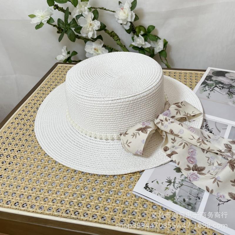 Pearl Bow Floral Strap Straw Hat Women's Summer Travel Beach Sunshade Sun Protection Versatile Flat Top Wide Edge Sun Hat