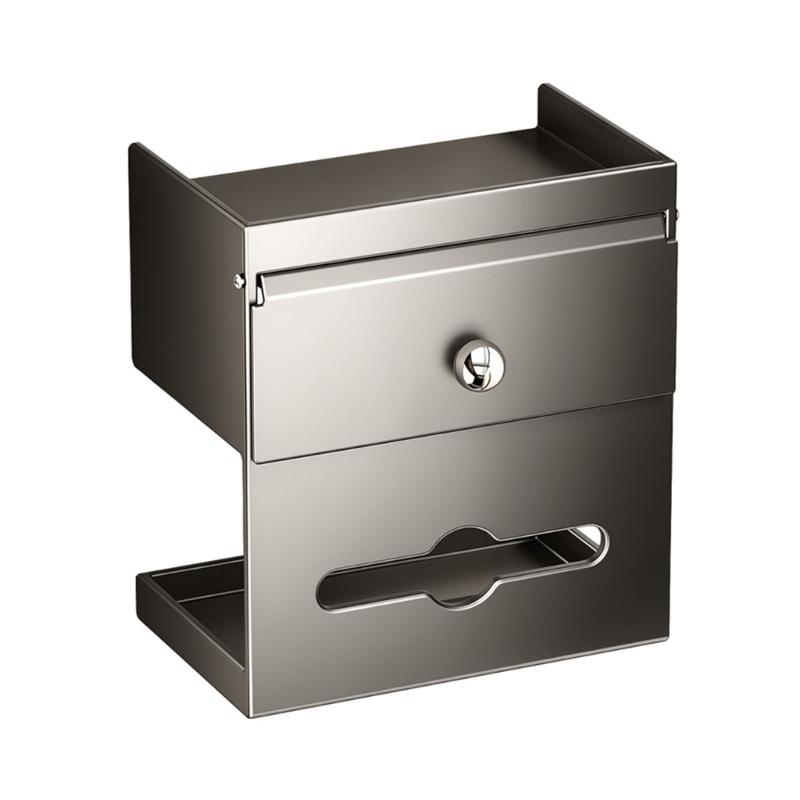Adhesive Wall Mount Toilet Paper Storage Box with Covered Section and Upper Tray, Bathroom Tissue Case for Daily Use
