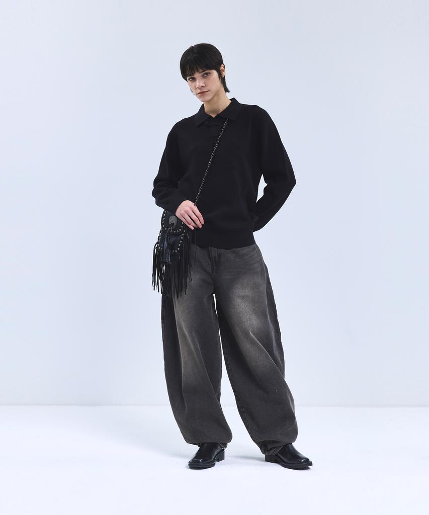 IRONYPORNO WHITELINE 86-Iroj367 Collared Placket Long Sleeve Knit Black
