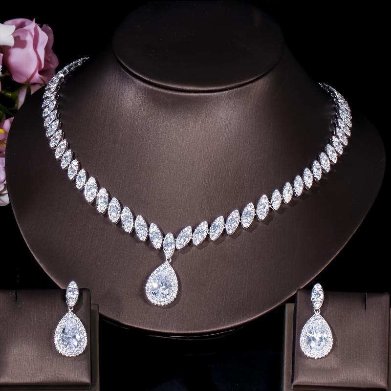3PC Women's  Luxury Water Drop Zircon Necklace Earrings Jewelry Set Wedding Banquet Party Holiday Gift