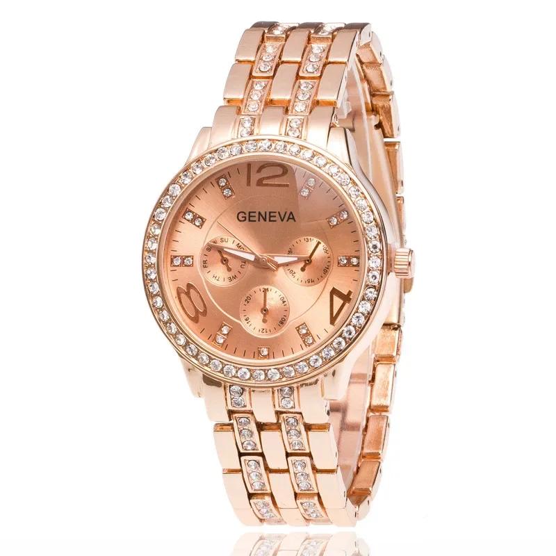 Luxury Geneva Brand Women Gold Stainless Steel Quartz Watch Crystal Casual Wrist Watches Rhinestone Relogio Feminino Reloj Mujer