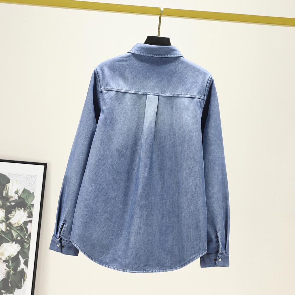 High-End Soft Denim Shirt: Retro Hong Kong Style, Warm Velvet-Lined, Casual Lyocell Tencel Top for Women - Autumn/Winter