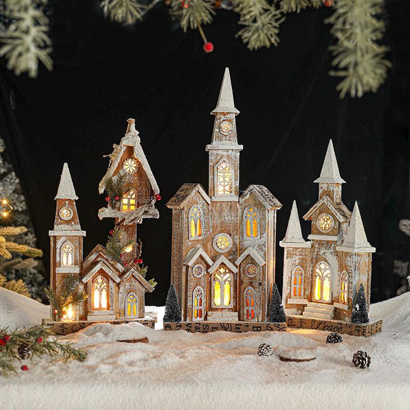 Christmas Wooden Lighted Snow House Mini Cabin European Vintage Xmas Decor