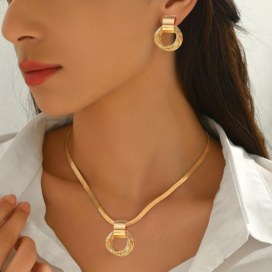 3pcs Set Middle Eastern Elegant Necklace + Earrings Women'S Jewelry Set Fashion Trend Metal Geometric Multi-Circle Pendant