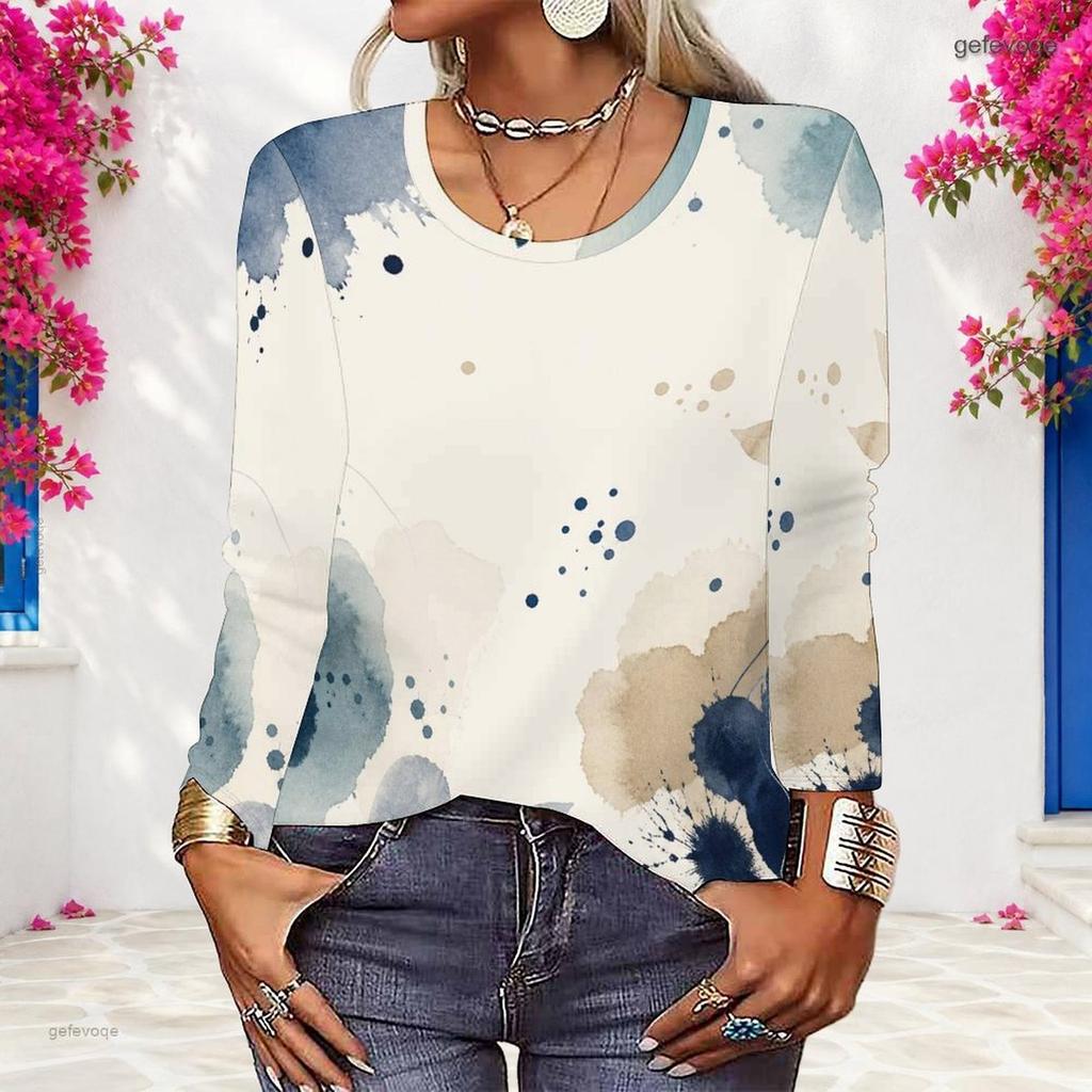 Women Plus Size White Abstract Printed Round Neck Long Sleeve Pullover Sweatshirt
