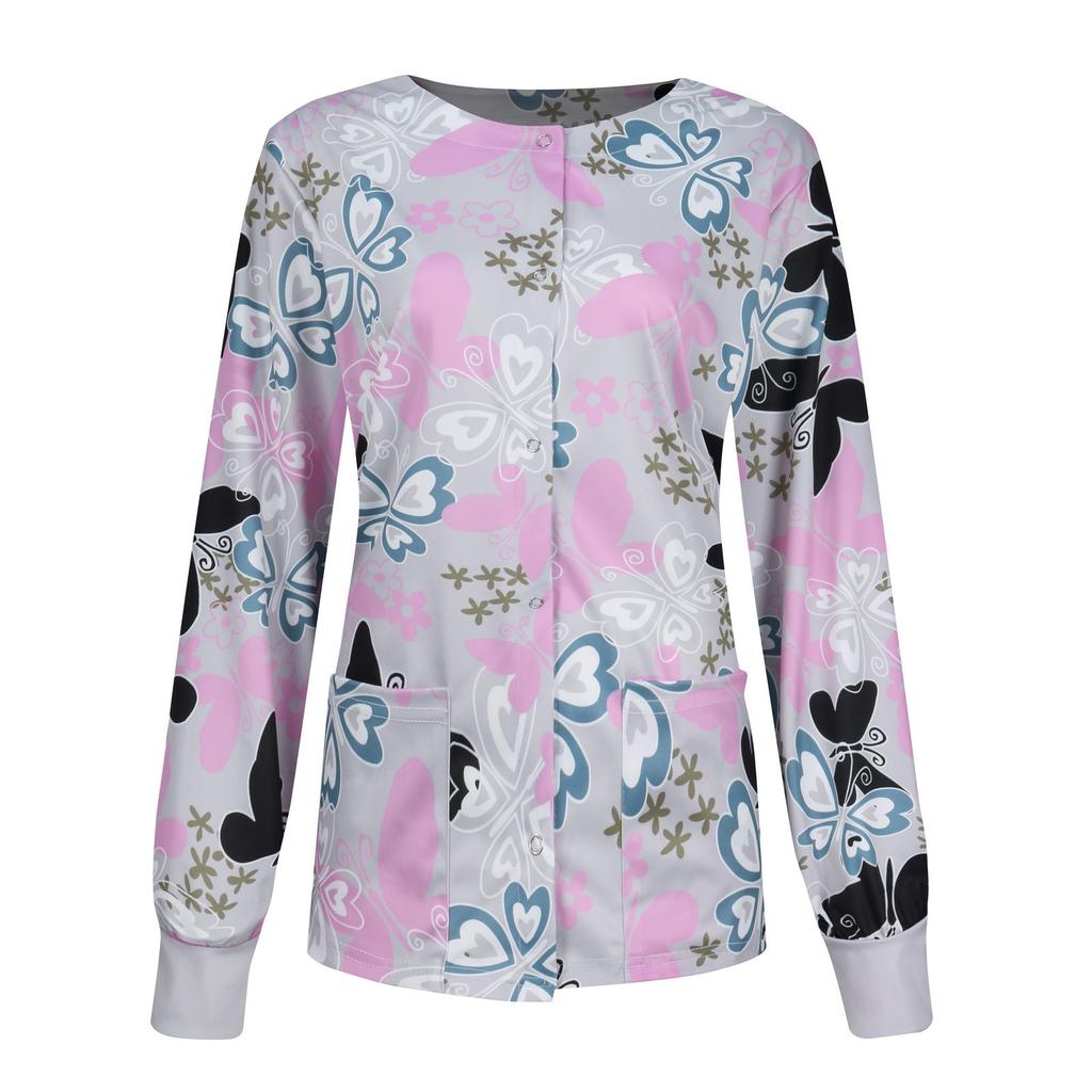 Women Casual Fashion Long-sleeved Stand-up Collar Single-breasted Printed Women's Protective Overalls Jacket Top