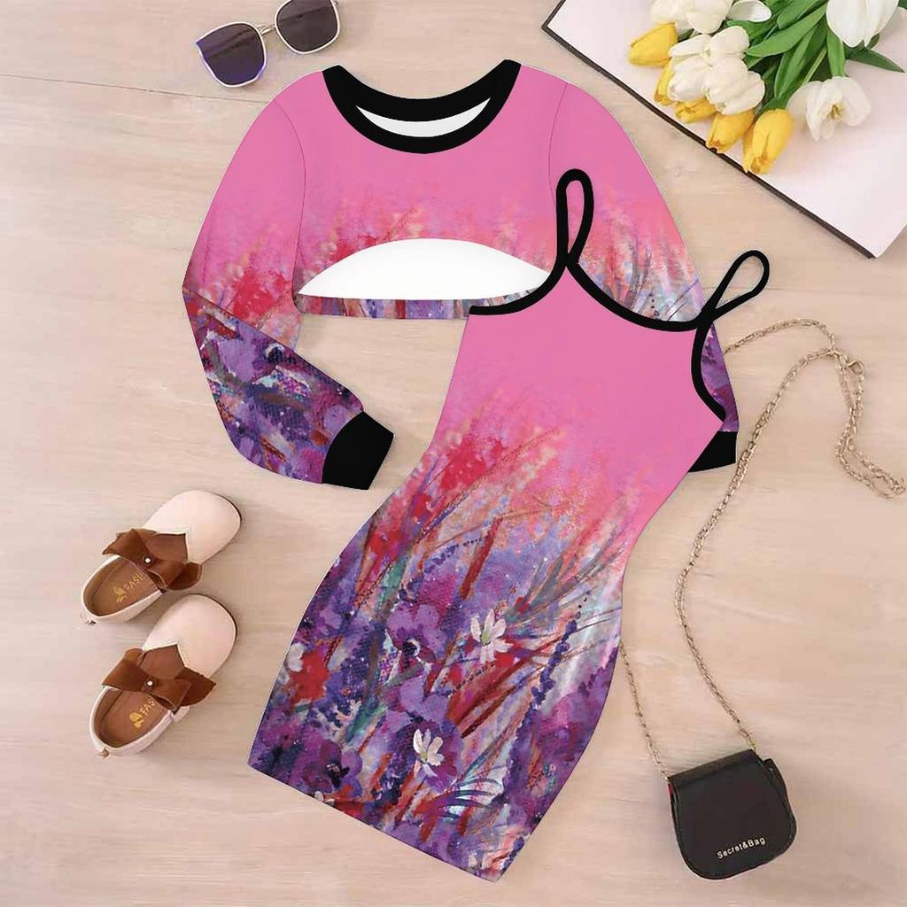 Girls Cartoon 2 Piece Outfits, Long Sleeve Crop Top + Spaghetti Strap Bodycon Dress, Vintage Oil Print Party Dress Set