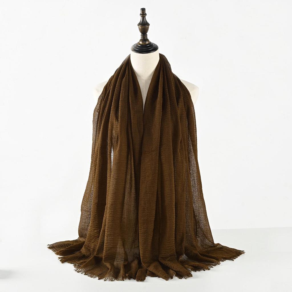 Sciarpa in Misto Cotone e Lino Stropicciato con Frange - Colore Unito, 90x180cm, Foulard da Donna