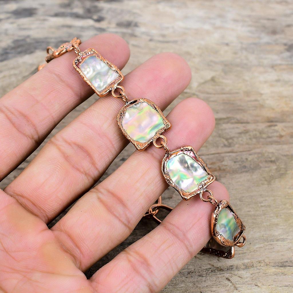 Brățară aspră din coajă de abalone Brățară din cupru electroformată Brățară cu lanț reglabil Bijuterii din cupru lucrate manual Brățară cu pietre prețioase Cadou pentru mama