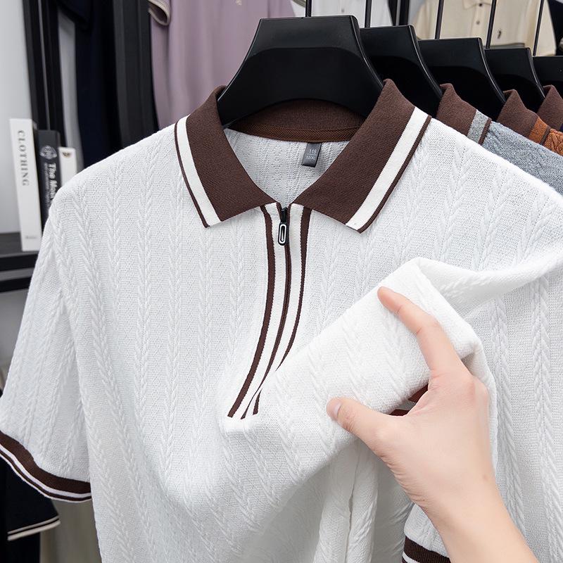 Men's Hipster Striped Knit Shirt - Short-Sleeve Lapel T-Shirt Top