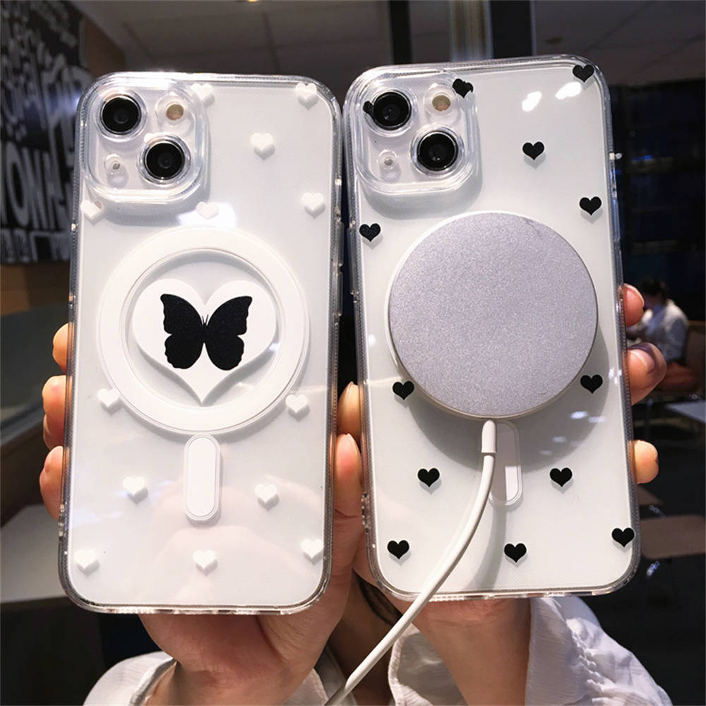 Wireless Charge Batterfly Love Heart Phone Case For Iphone 14 13 12 11 Pro Max 14 Plus 14pro Shockproof Bumper Soft Clear Cover