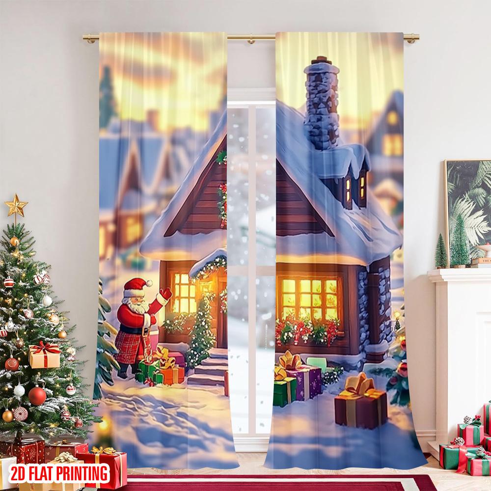 Set Of 2 Flat Printing Christmas Curtain Tree Design Versatile Durable Polyester Without Electricity Festive Holiday