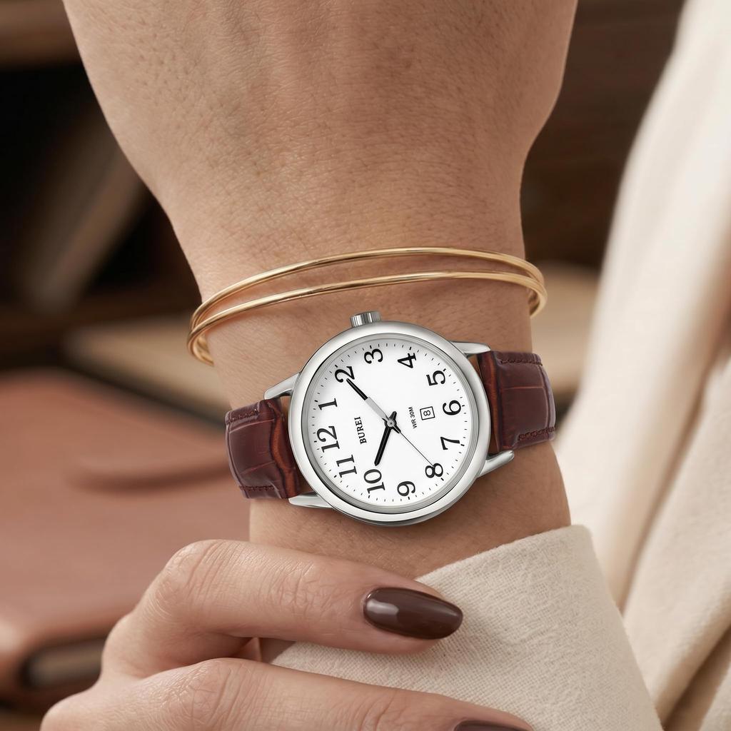 BUREI Japanese Quartz Date Leather Casual Watch for Women Women's Watch, Movement, Stylish, Waterproof, Display, Strap, Simple, Lightweight,