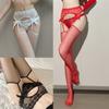 Womens See Through Thigh High Stockings with Garter Belt Lace Top Bowknot Sheer Pantyhose Open Crotch Suspender Tights