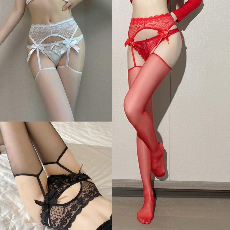 Womens See Through Thigh High Stockings with Garter Belt Lace Top Bowknot Sheer Pantyhose Open Crotch Suspender Tights