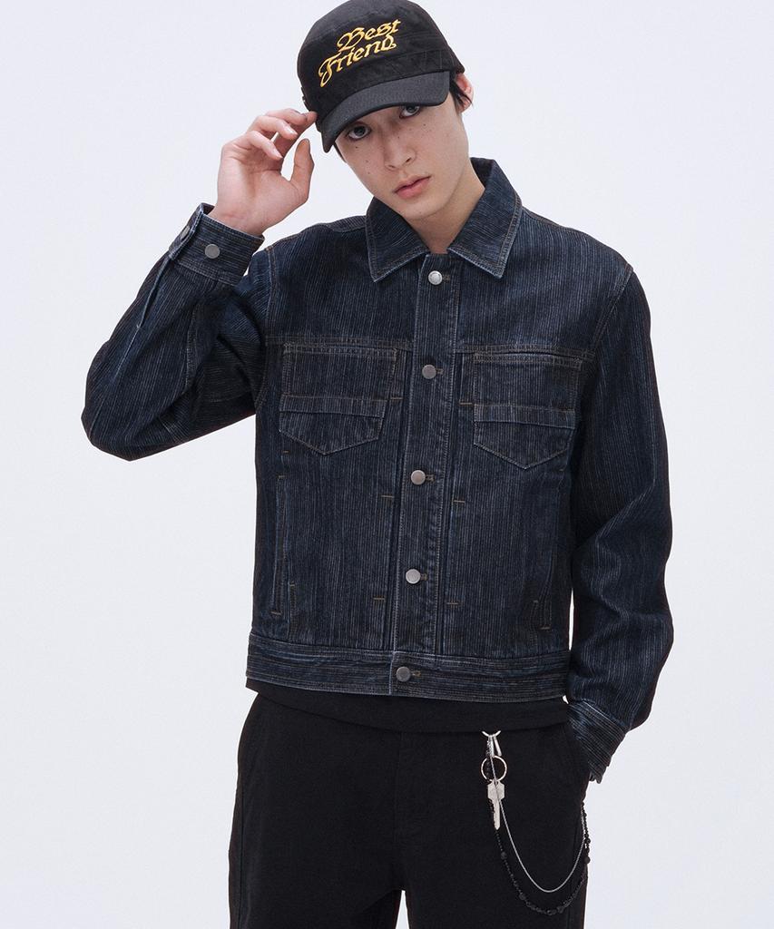 Misekiseoul Men Pleats Denim Trucker Jacket Dark Navy