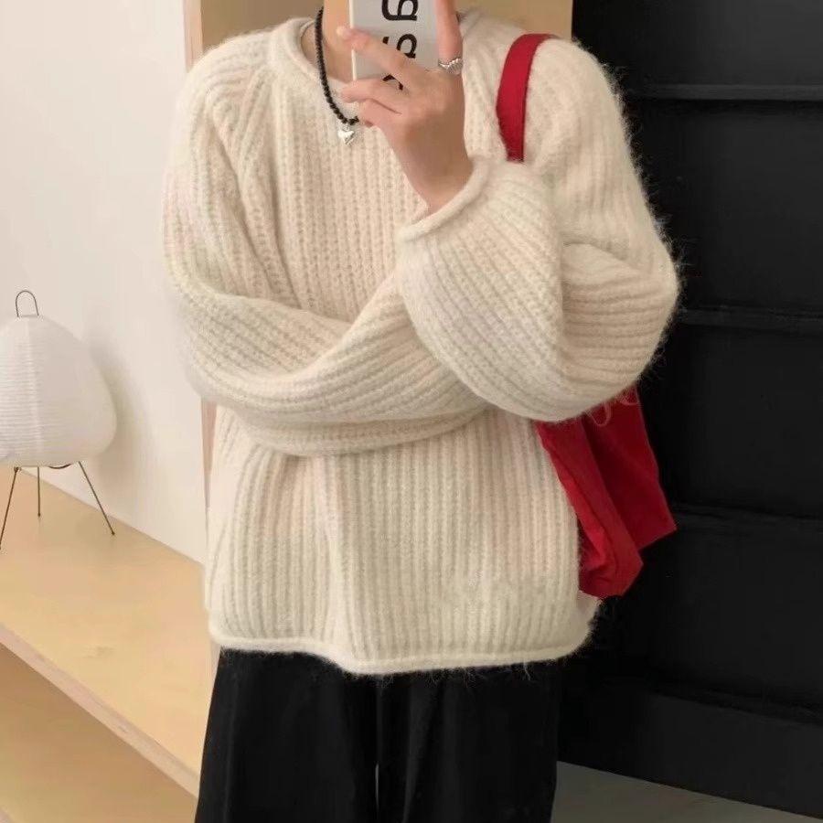 

Осень Зима Женский Свитер Кремово-Желтый Свободный Приталенный Ленивый Стиль Верхняя Одежда Вязаный Пуловер с Круглым Вырезом Топ 2XL