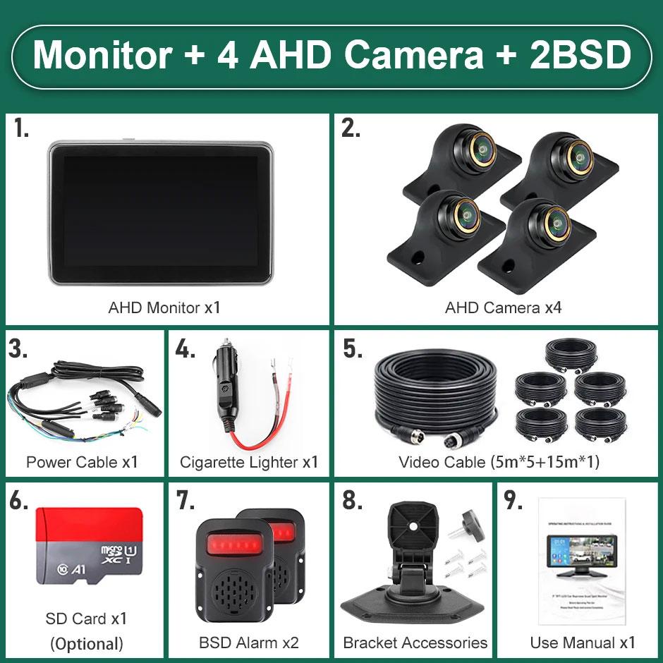 7 Inch Touch Screen 4 Channels Split Screen BSD Radar Alarm Car DVR Recorder Parking Monitor With 4PCS 1080P AHD Backup Camera