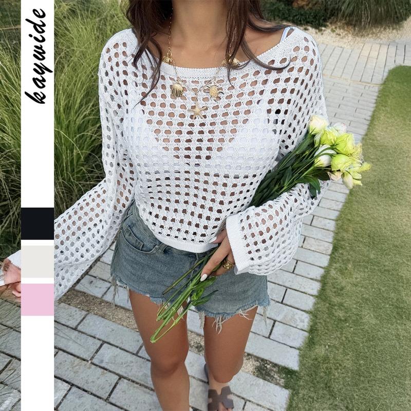 

Women s White Openwork Knit Sweater Oversized Long Sleeve Crochet Beach Cover Up S білий