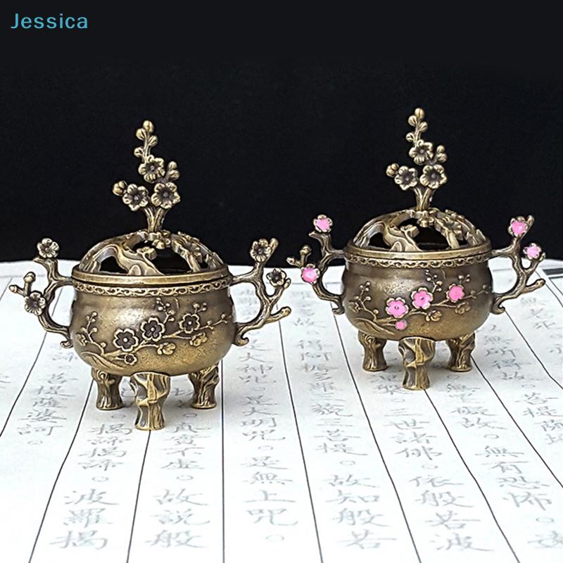Vintage Brass Plum Blossom Incense Burner  Mini Ornate Censer for Aromatherapy & Desktop Decor