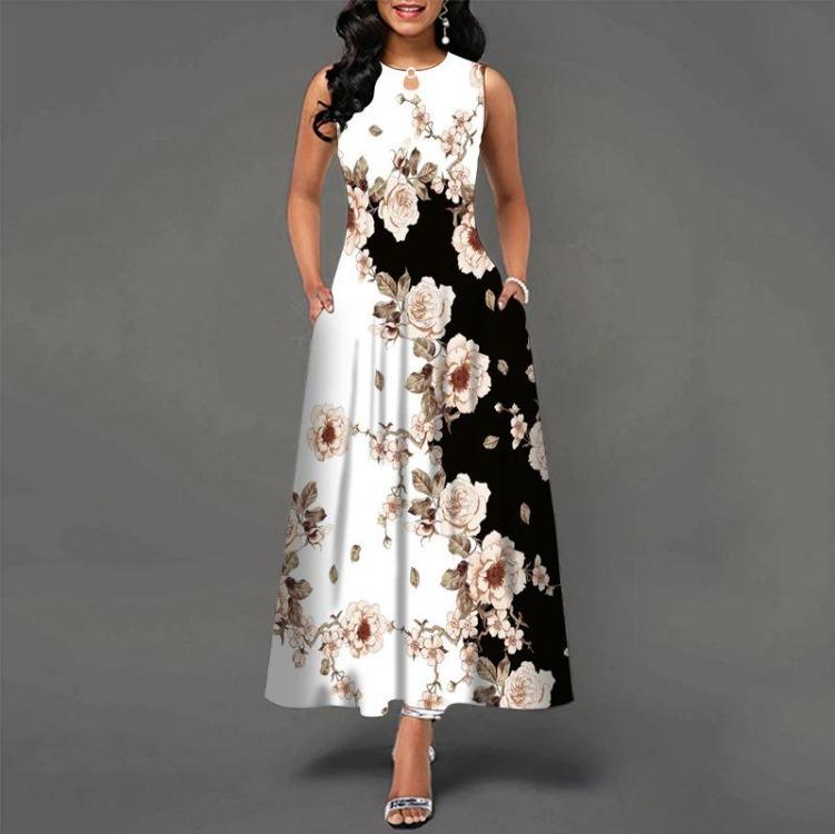 Women Summer Sleeveless V Neck Printed Maxi Dress