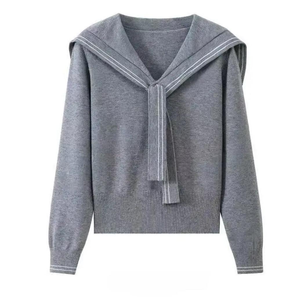 Autumn and Winter Navy Collar Sweater Top Niche Trend Shawl Slim Short Design Sense Inside Knitted Sweater Women