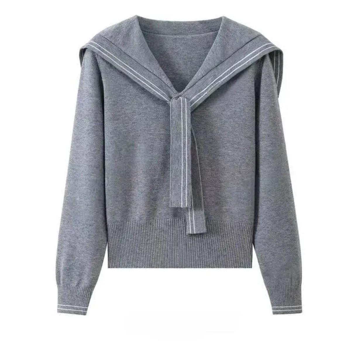 

Autumn and winter navy collar sweater top niche trend shawl slim short design sense inside knitted sweater women L сірий колір