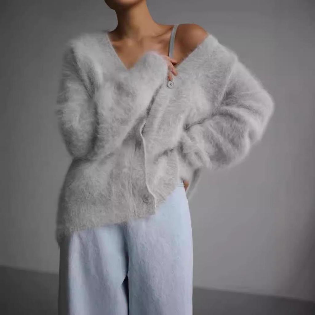 2024 Mink Hair V-Neck Cardigan: Loose Fit, Long Sleeve Sweater for Autumn/Winter Women