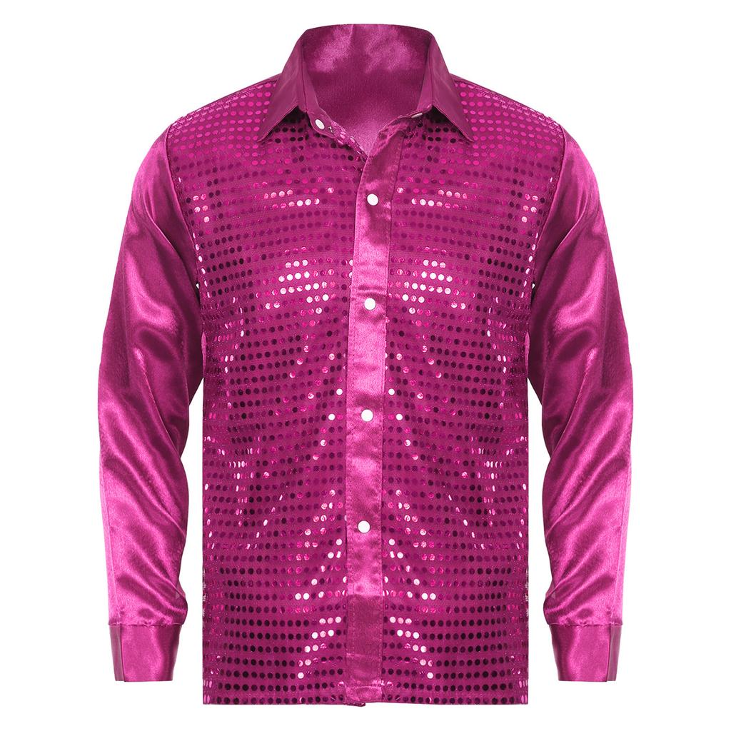 Mens Shiny Sequin Dance Shirt Latin Jazz Performance Wear Turn Down Collar Long Sleeve Patchwork Top