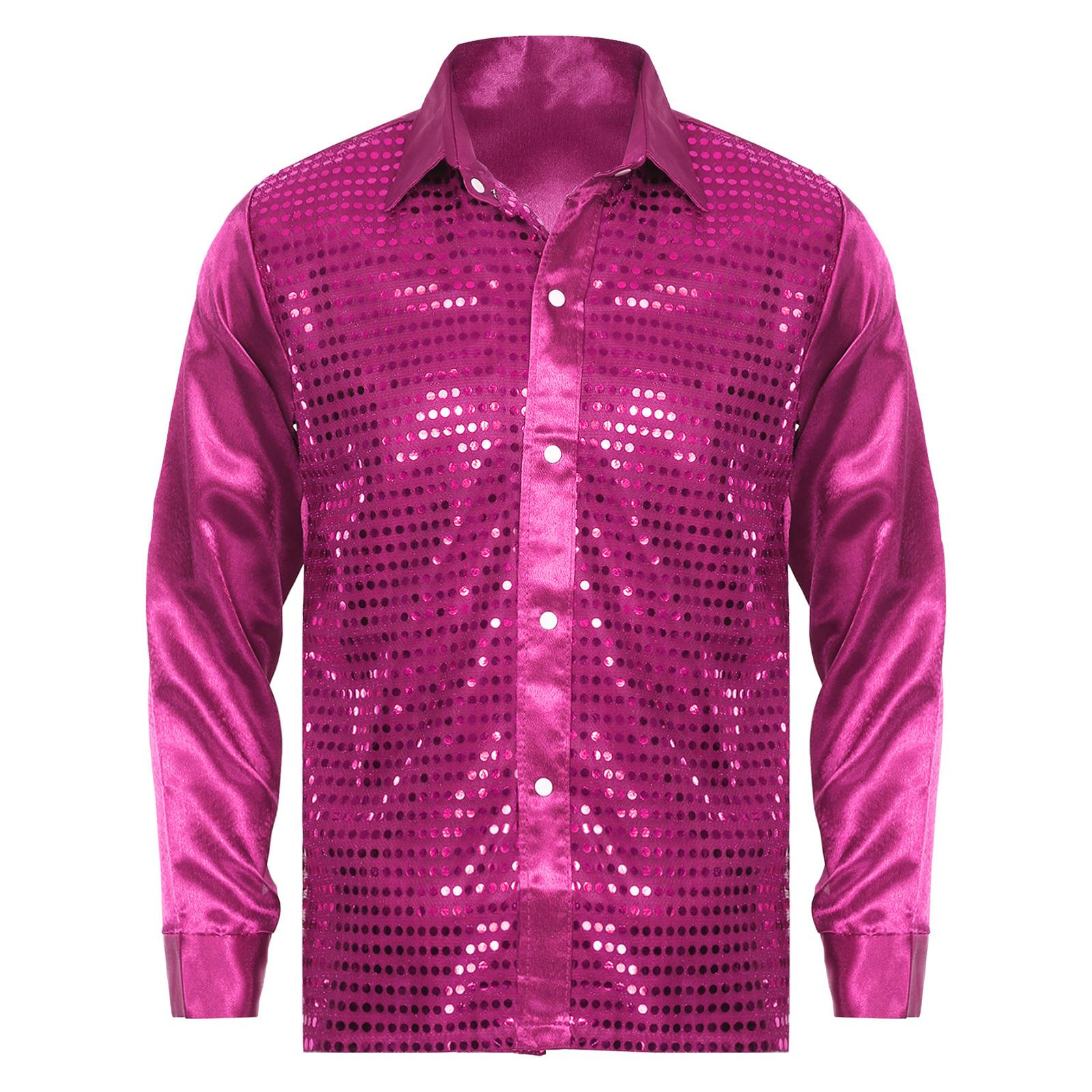 

Чоловіча сорочка для латиноамериканських танців з паєтками, відкладний комір, довгий рукав, сценічний костюм, блискучий топ для джазових виступів S гарячі рожевого кольору