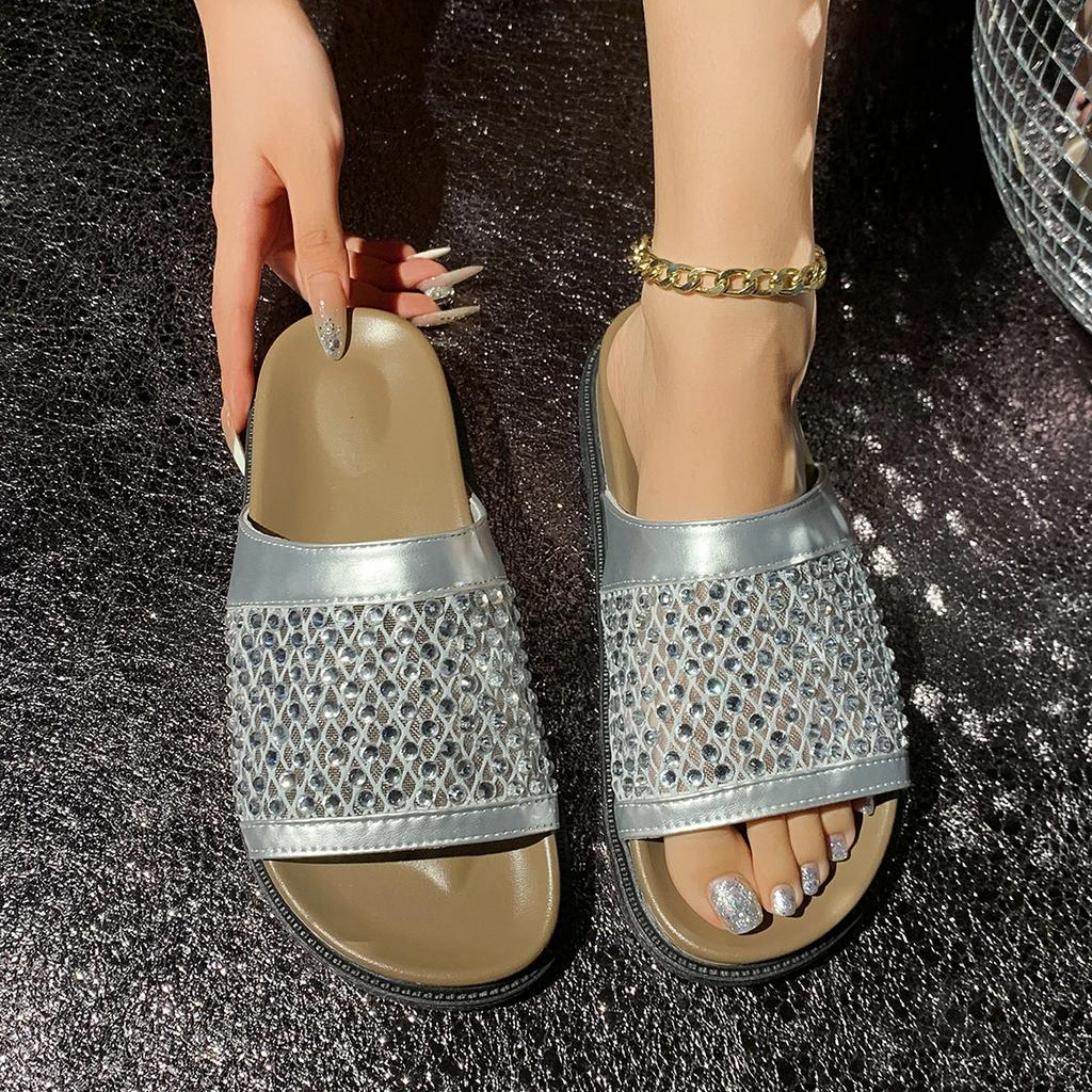 Fashion Women Flat Fashion Slippers Bright Rhinestone Sandals Mesh Outdoor Walking Slippers Designer Luxury Beach Shoes Slides Women