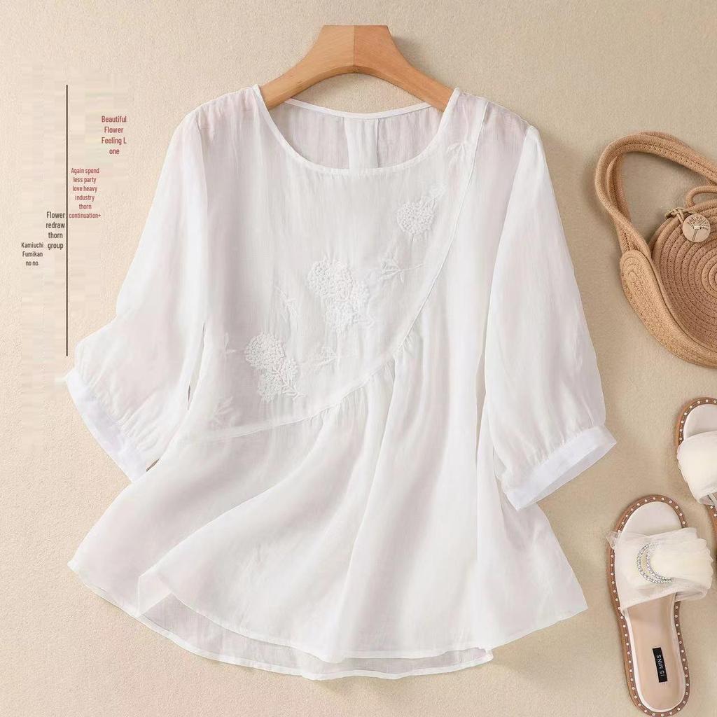 Women's 2023 Literary Embroidered Cotton Linen Blouse - Summer Loose Round Neck Pleated Pullover Top
