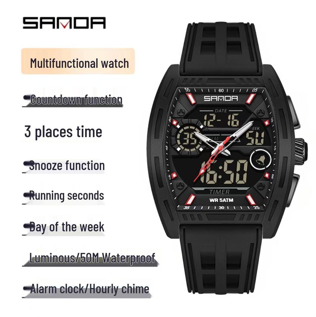 SANDA Men's Waterproof Sports Watch, Dual Display Countdown Timer, Large Barrel Dial, Luminous, with Alarm Clock Function.
