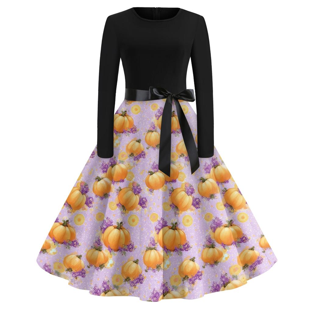 Women's Casual Halloween Print Retro Dress Long Sleeve Round Neck Vintage Style Midi Dress with Belt and Flared Skirt Suitable for Seasonal Wear