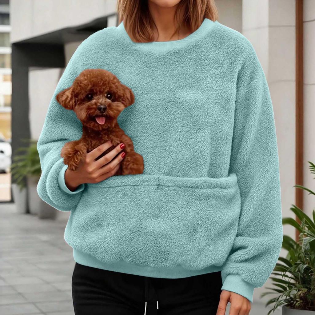 Women's Fashionable Solid Color Round Neck Long Sleeved Pocket Sports Shirt Plush Hoodie Top