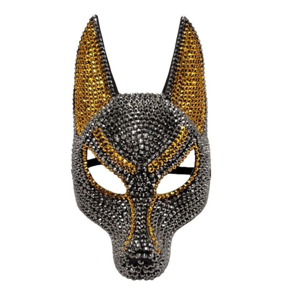 Luxury Design Wolf Crystal Mask Shiny Zircon Halloween Mask Rhinestone Mask  Fancy Party серый