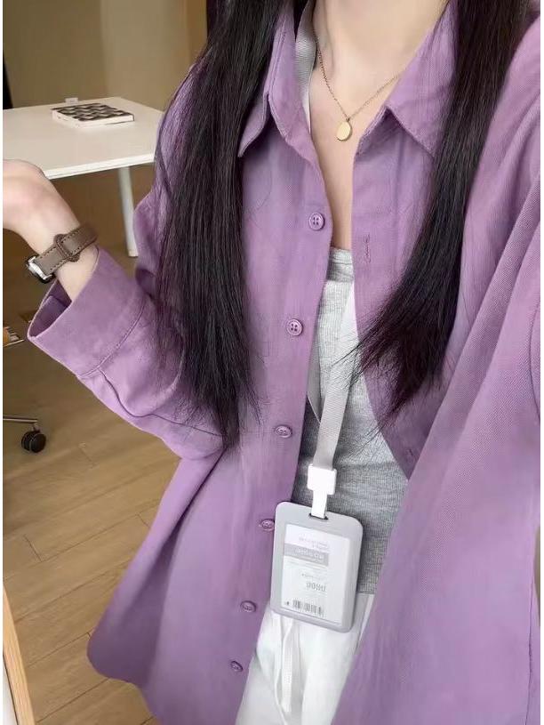 

2025 Женская повседневная японская рубашка с лацканами, приталенная, с длинным рукавом, однотонная XXL фиолетовый