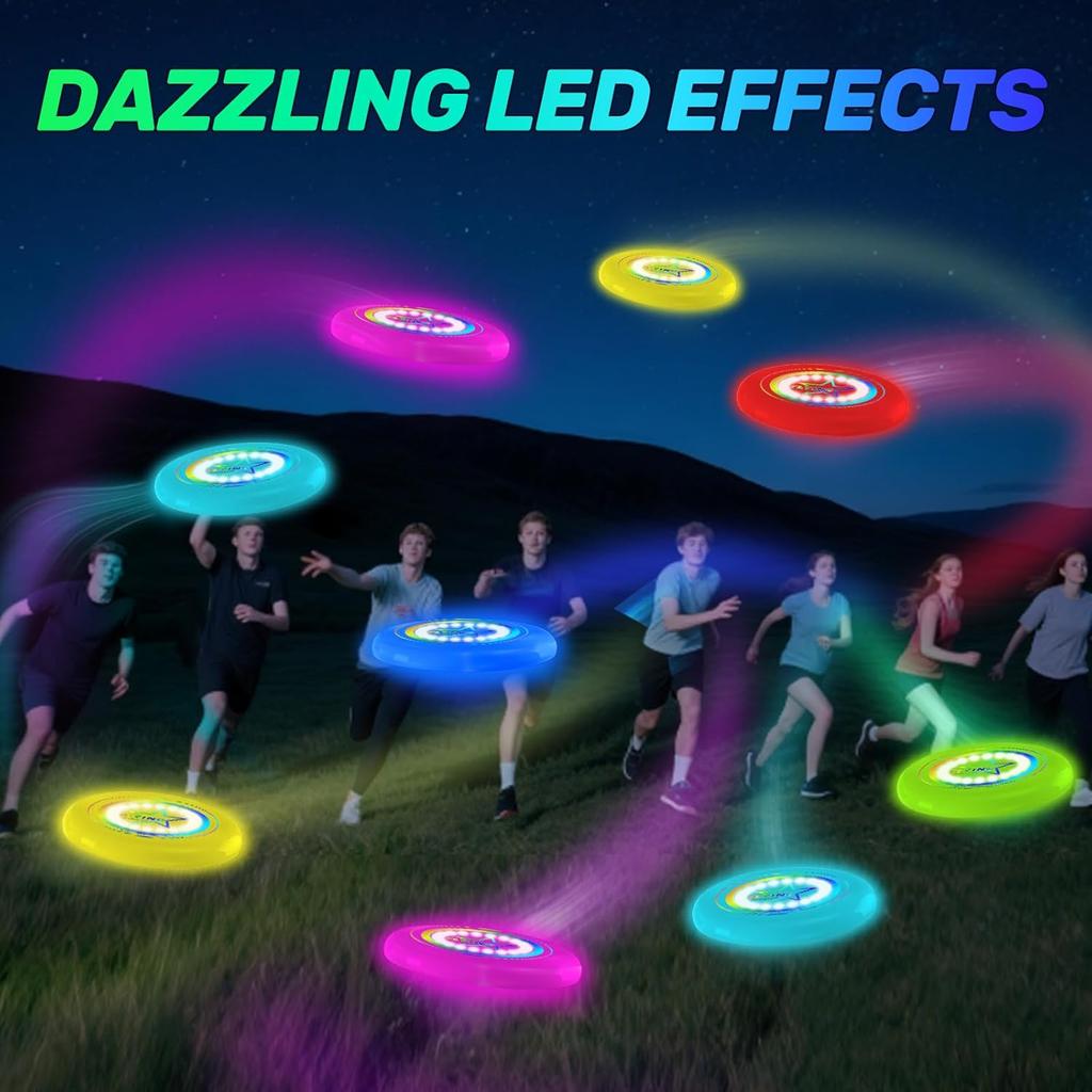 Ultra Bright Flying Disc, Luminous Flying Disc - 12 Intelligent Light Programmes, Rechargeable & Shockproof (Ideal for Night Games, Garden Parties,)