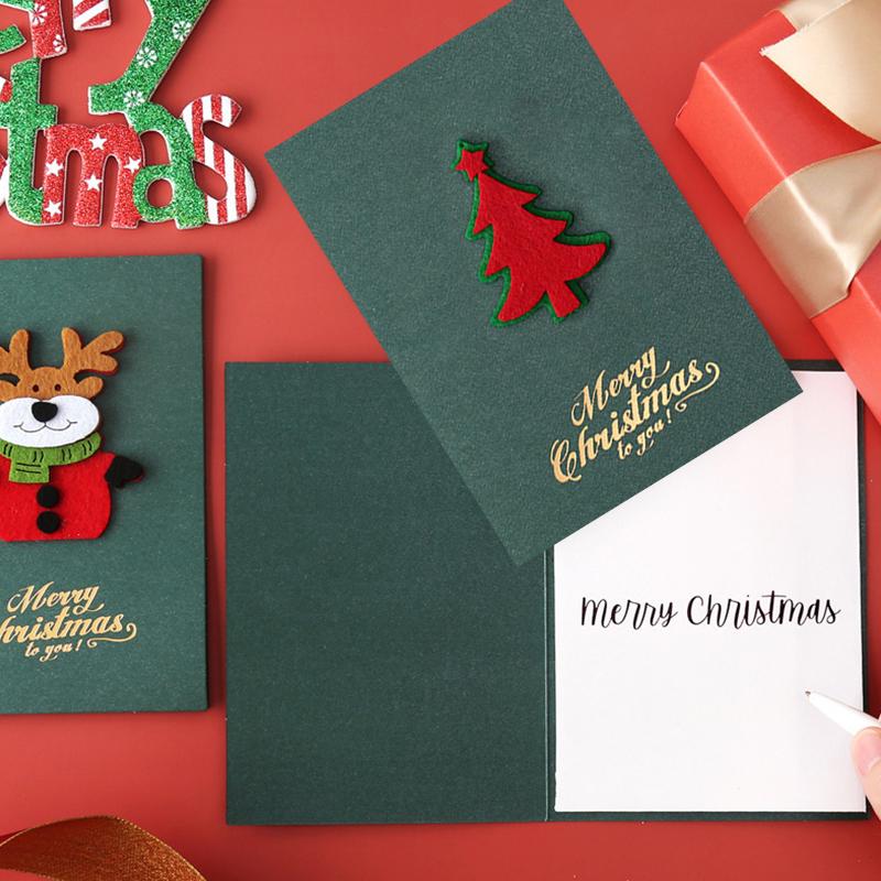 4PCS Green Style Christmas Greeting Card Set Pearlescent Paper 3D Felt Invitations  Postcards Christmas Party Gift Souvenirs ZYF