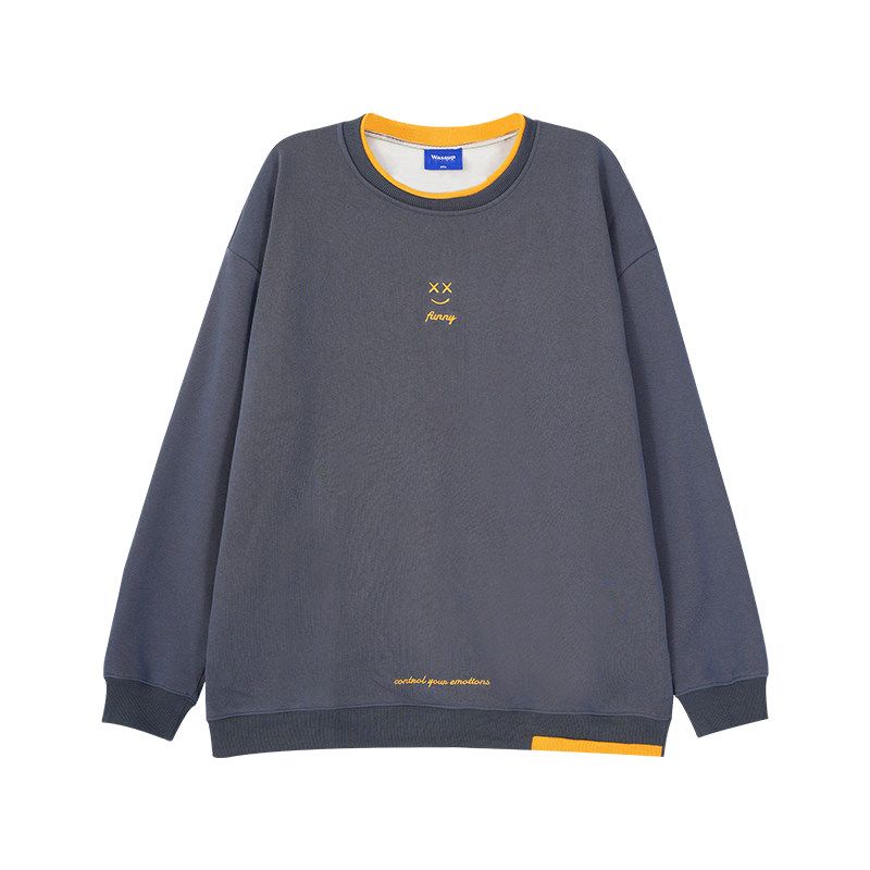 Wassup Fashion Brand Cartoon Smiley Face Fleece-lined round Neck Hoodie Boys Spring, Autumn and Winter All-Matching Couple Pullover Top Heavy