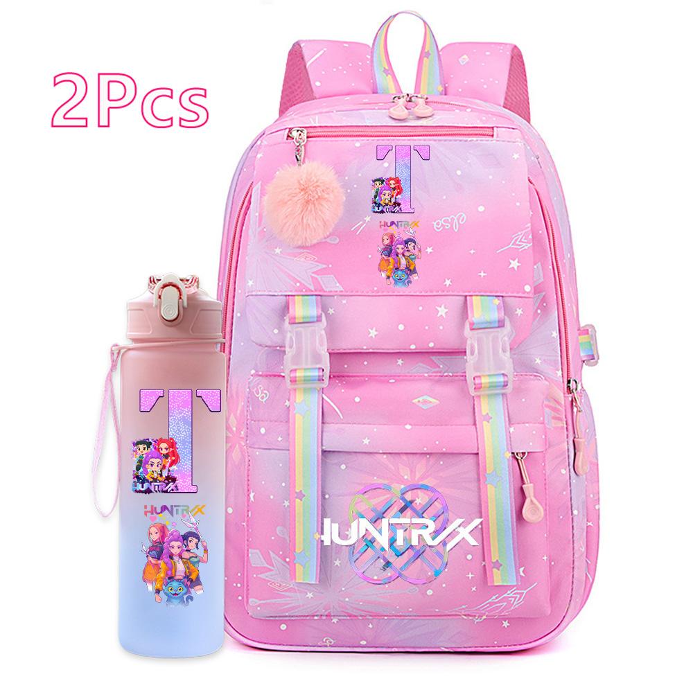 2 Stück/Set Ainme K-Pop Demon Hunters Rucksack mit englischem Buchstabenaufdruck mit Wasserflaschenhalter für Teenager Mädchen Jungen Schultasche Reisetasche