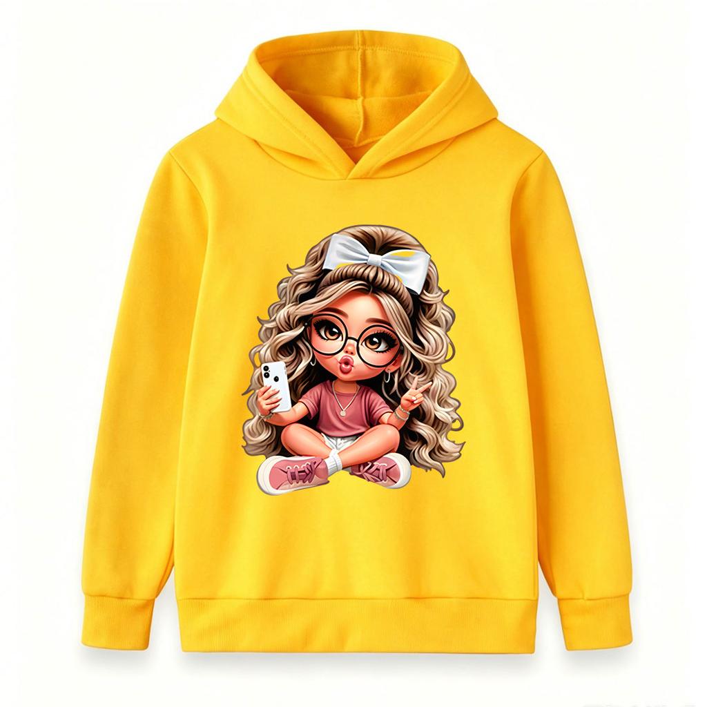Kids Boys Girls Hooded Sweatshirt Cute Cartoon Girl Print Long Sleeve Pullover Hoodie Casual Warm Top For School Street Daily Wear For 3-12 Years Old