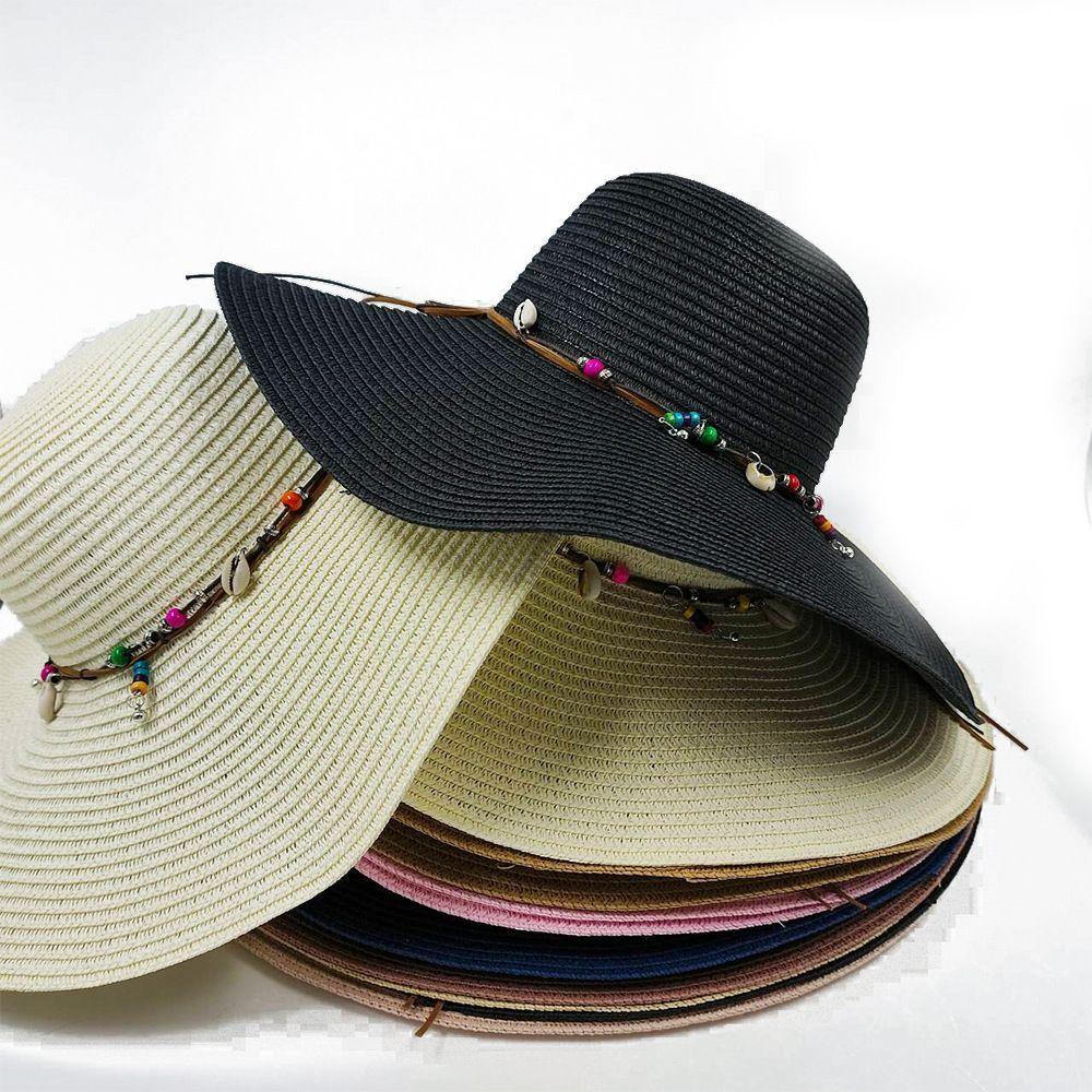 Ladies' Summer Straw Hat 13CM Large Brimmed Beach Hat Sunshade Hat Outdoor Beach Travel Hat Foldable