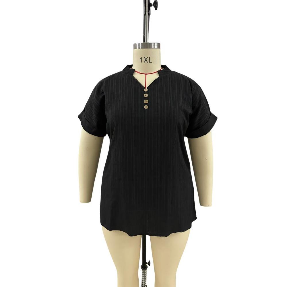 Elegant Casual T-Shirt - Women's Plus Size - Plus Size - New European and American - Spring/Summer Short Sleeve - Button Solid Color