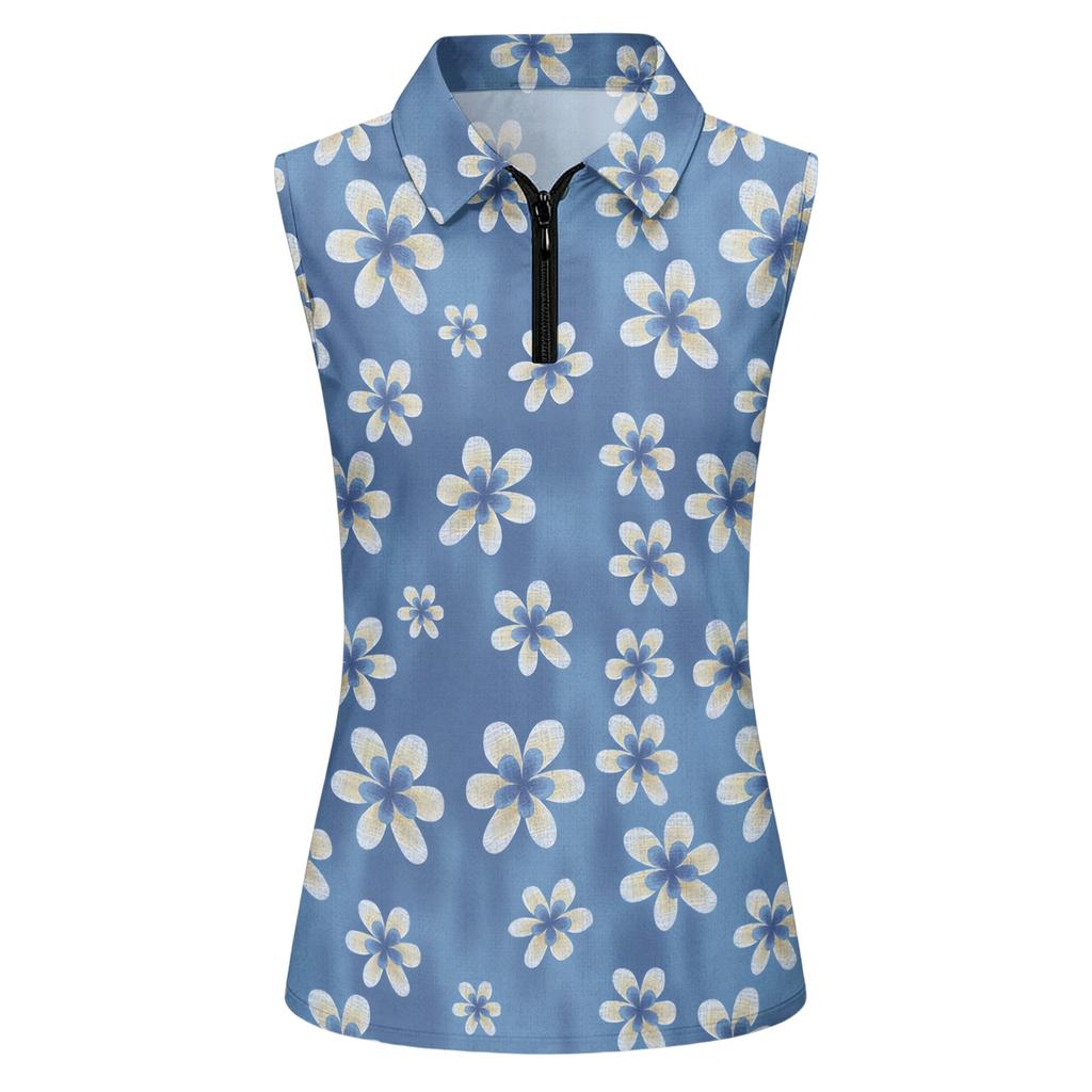 Women Sleeveless Golf Polo Shirt with Zipper Collar Printed Athletic Tank Top for Outdoor Sports and Casual Wear